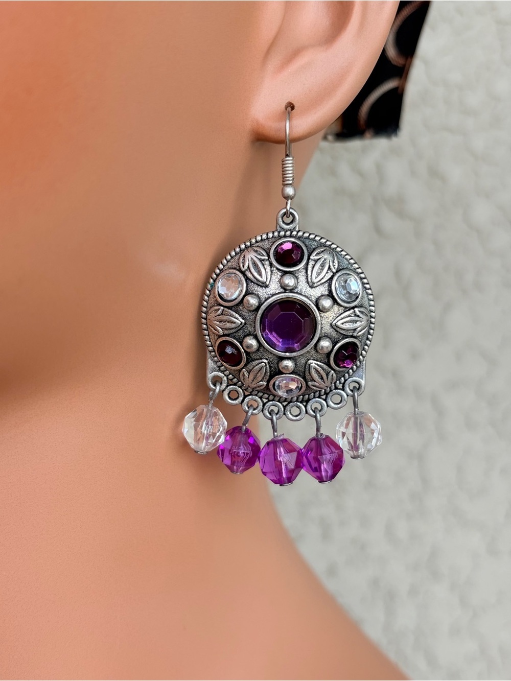 Bohemian Silver-Tone Purple Crystal Dangle Earrings